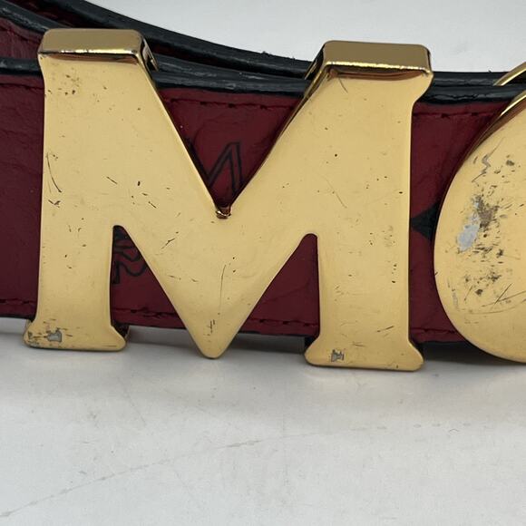 MCM Claus Red Visetos 24k Rolled Gold Buckle Belt Logo On Leather AS IS DAMAGED - Picture 6 of 16
